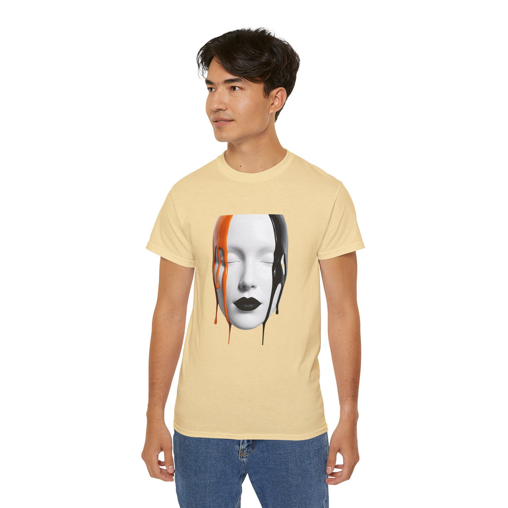 Mask Face Tee — Dripping Black & Orange Art T-Shirt