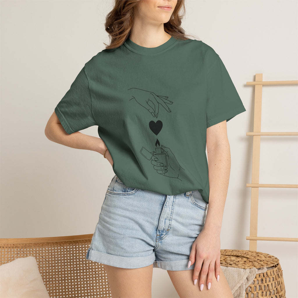 Heart Flame T-Shirt — Minimal Line Art Hands Lighting Heart Graphic