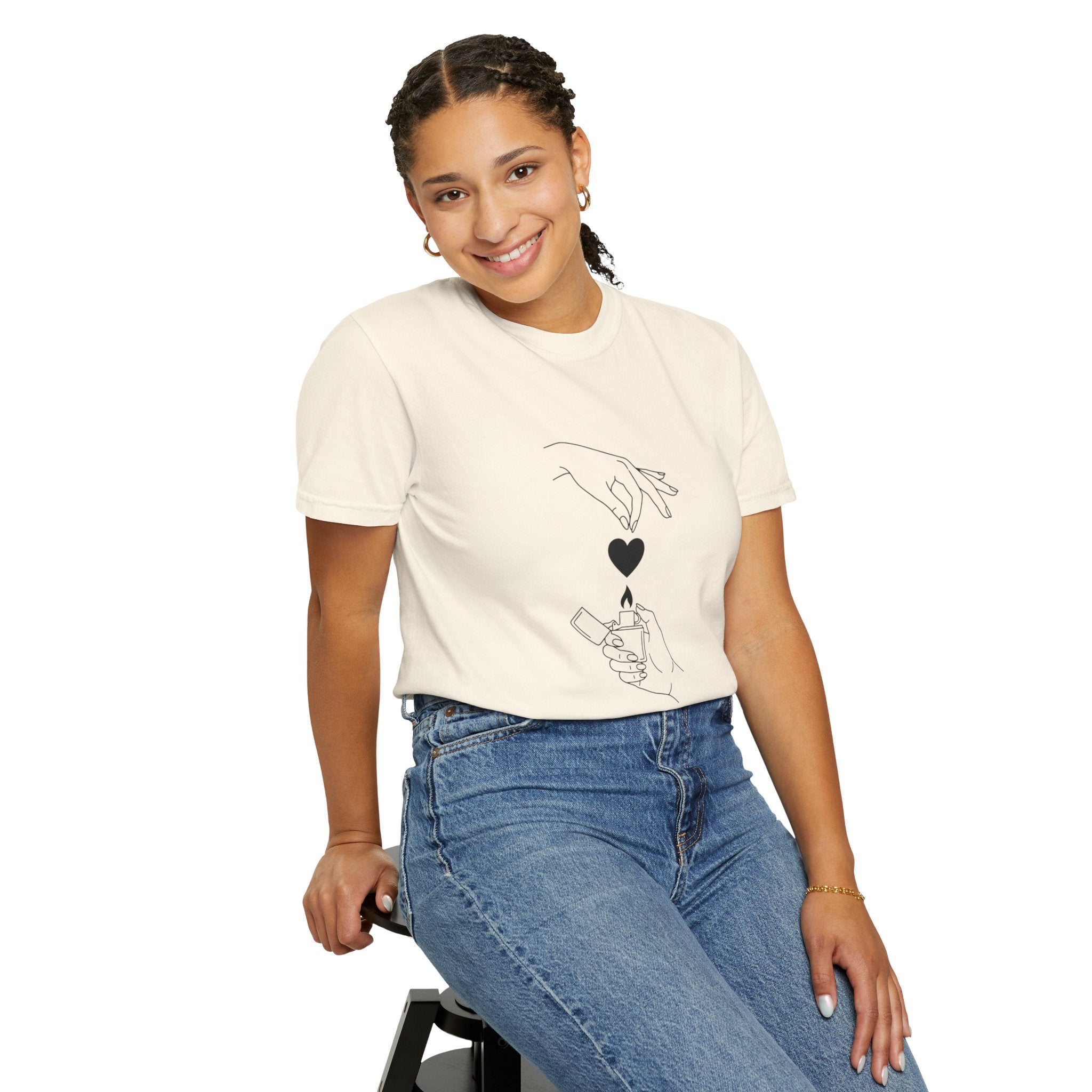 Heart Flame T-Shirt — Minimal Line Art Hands Lighting Heart Graphic