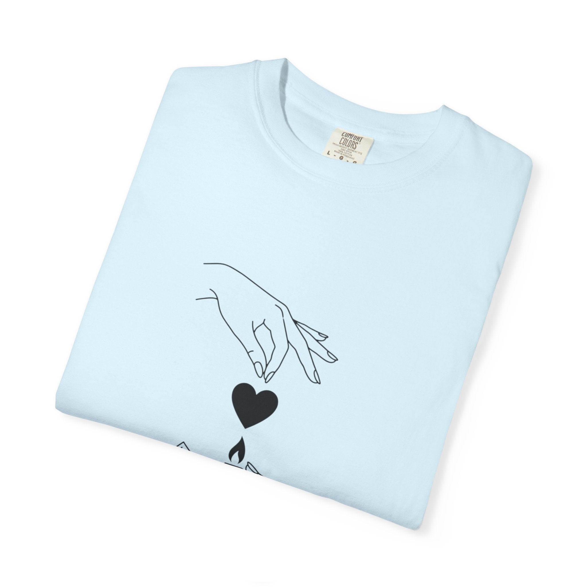 Heart Flame T-Shirt — Minimal Line Art Hands Lighting Heart Graphic