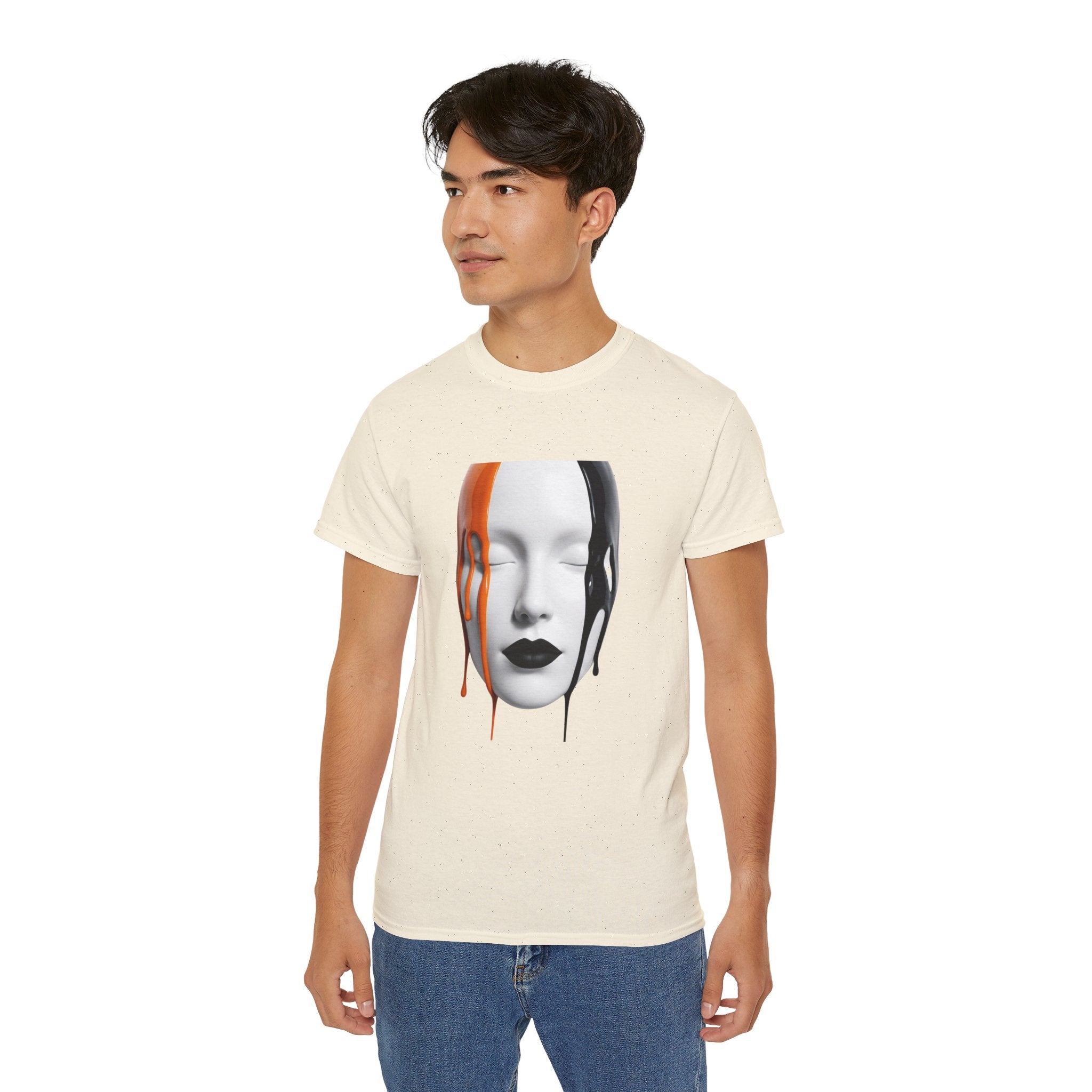 Mask Face Tee — Dripping Black & Orange Art T-Shirt