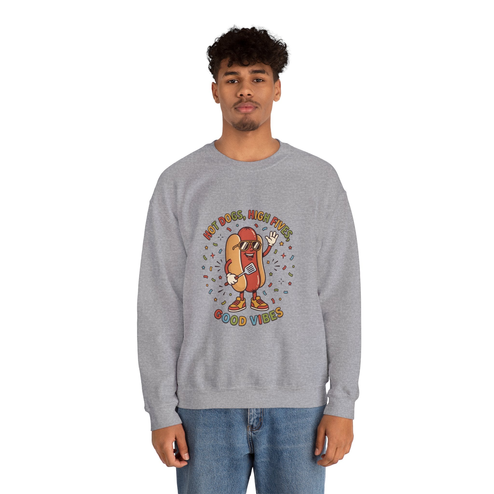 Hot Dog, High Five Rundhals-Sweatshirt | BBQ Vierter Juli, Retro Patriotische Hot-Dog-Witze