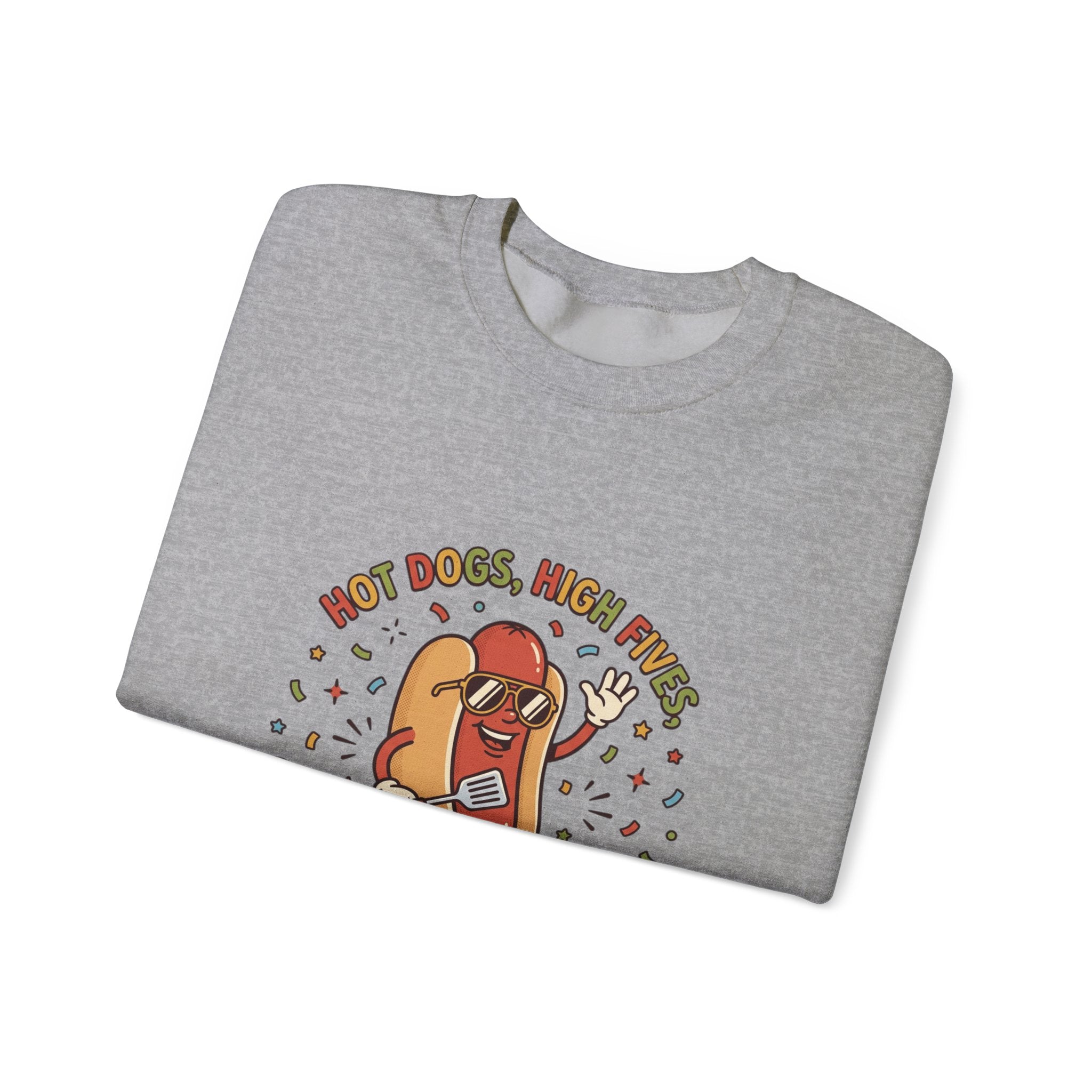 Hot Dog, High Five Rundhals-Sweatshirt | BBQ Vierter Juli, Retro Patriotische Hot-Dog-Witze