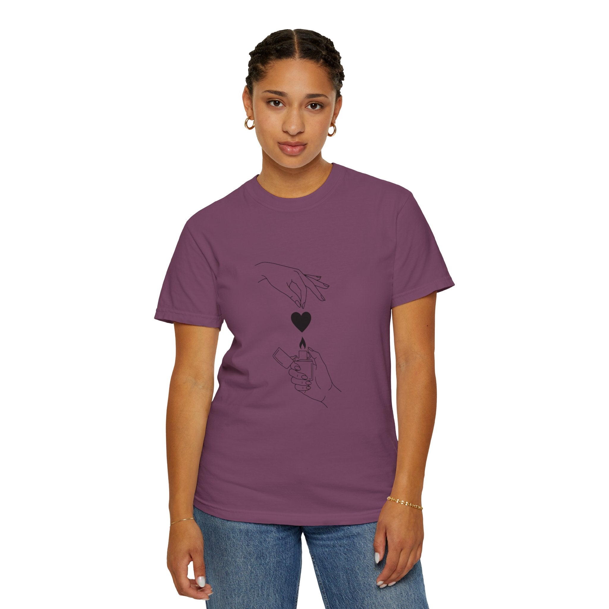 Heart Flame T-Shirt — Minimal Line Art Hands Lighting Heart Graphic