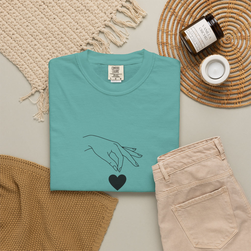 Heart Flame T-Shirt — Minimal Line Art Hands Lighting Heart Graphic