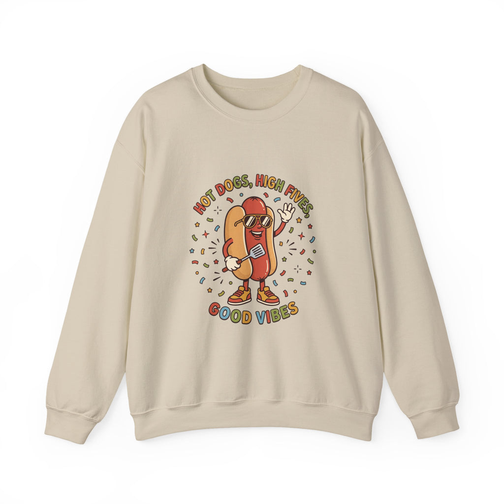 Hot Dog, High Five Rundhals-Sweatshirt | BBQ Vierter Juli, Retro Patriotische Hot-Dog-Witze