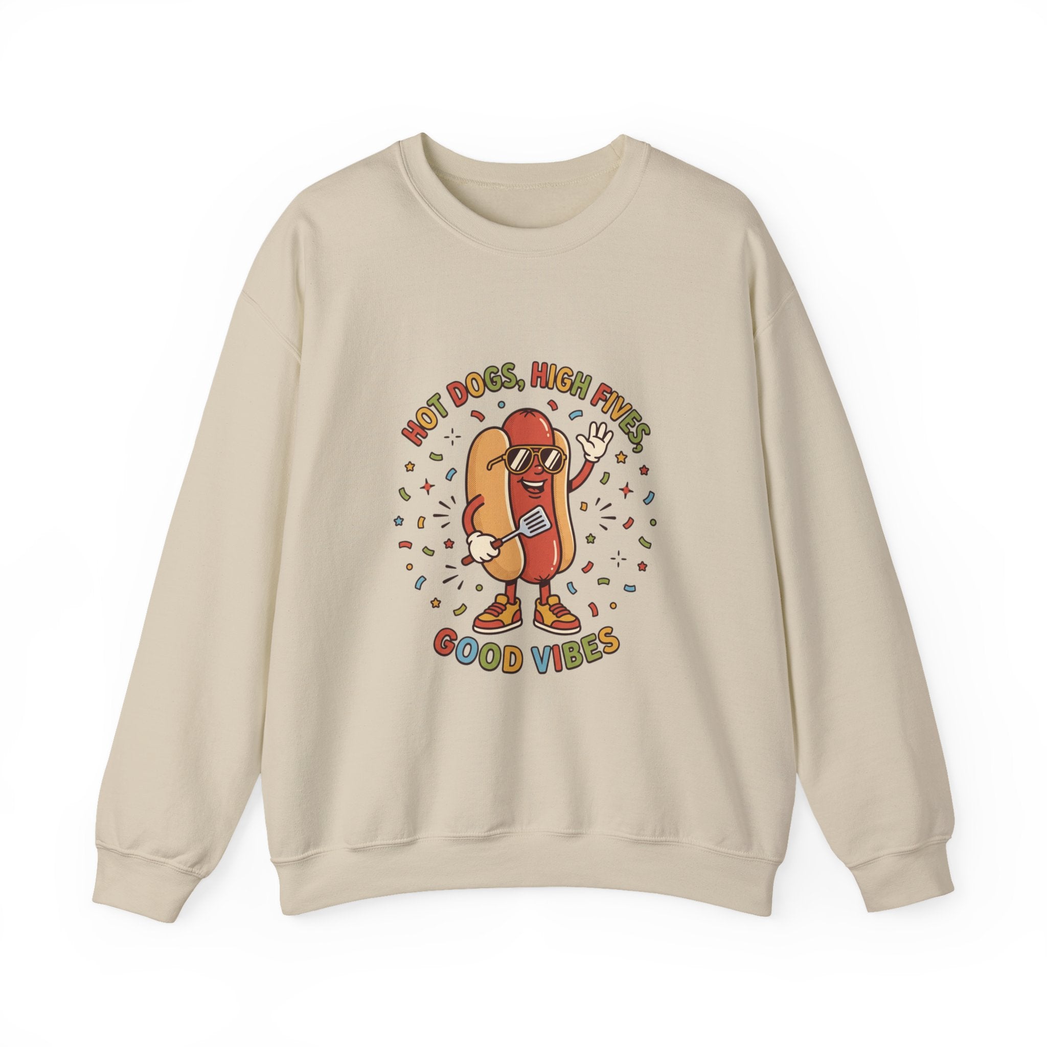 Hot Dog, High Five Rundhals-Sweatshirt | BBQ Vierter Juli, Retro Patriotische Hot-Dog-Witze
