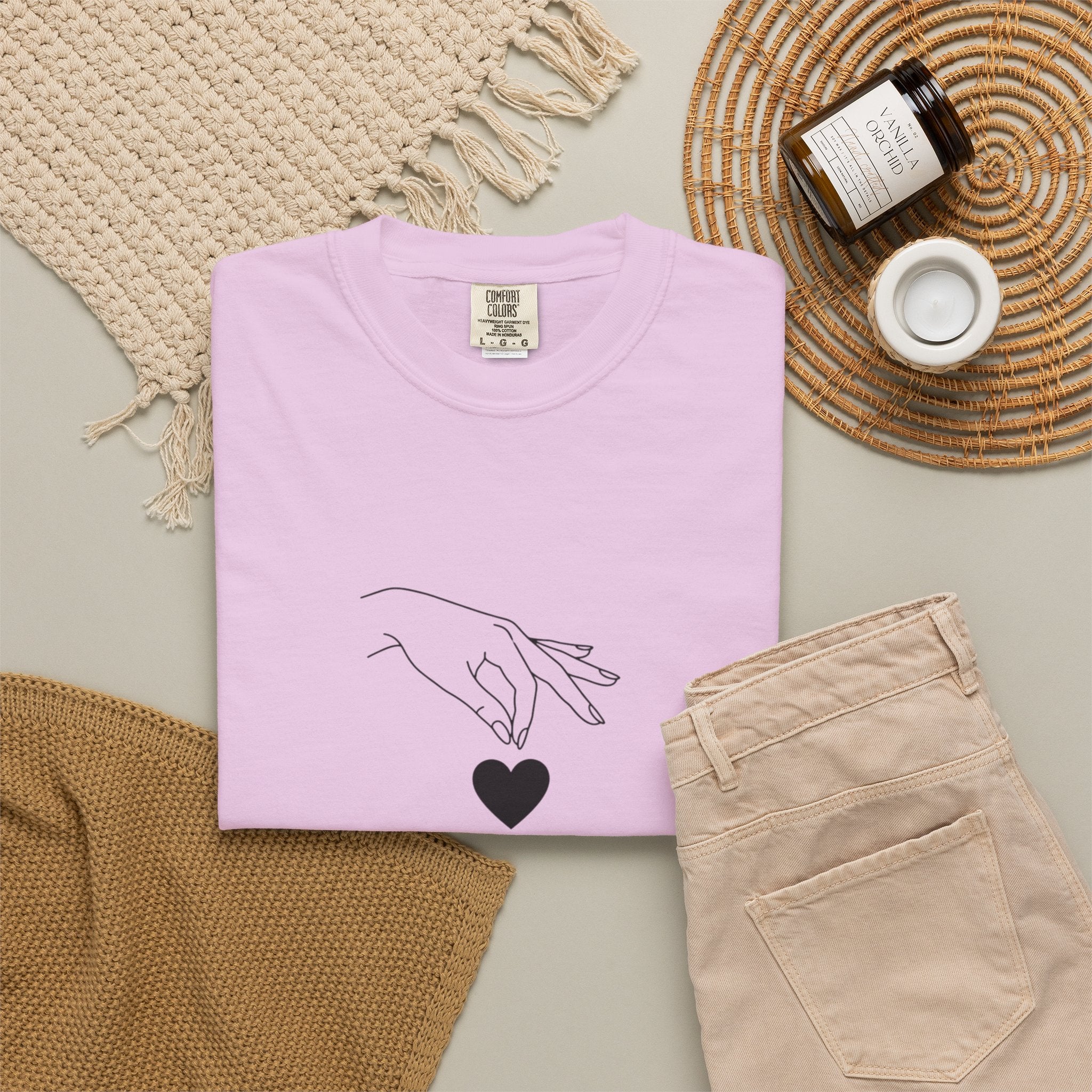 Heart Flame T-Shirt — Minimal Line Art Hands Lighting Heart Graphic